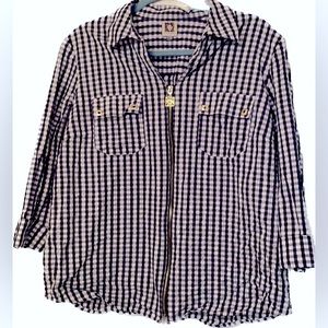 Anne Klein Plaid Blue/White Top Sz L